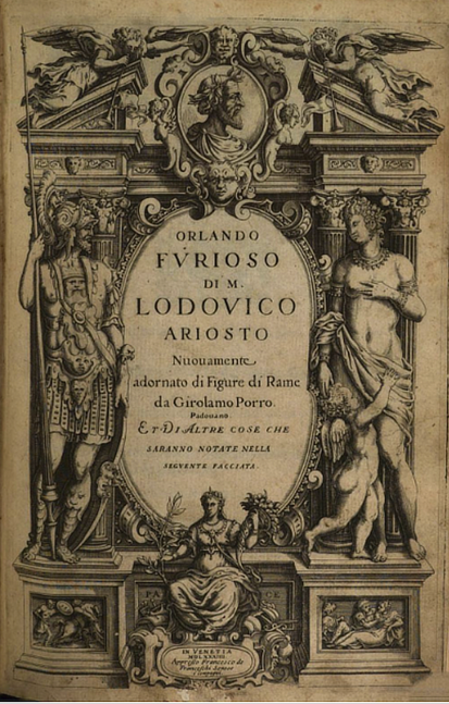 Decorated title page of Ariosto’s Orlando Furioso, framed by classical figures and scrollwork, with a central seated woman holding a laurel branch.