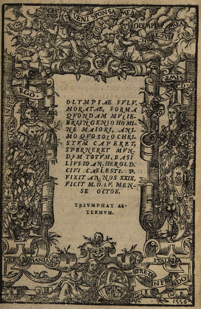 Densely ornamented memorial page for Olympia Fulvia Morata, with Latin inscription at centre framed by scrollwork, figures, and symbolic motifs.
