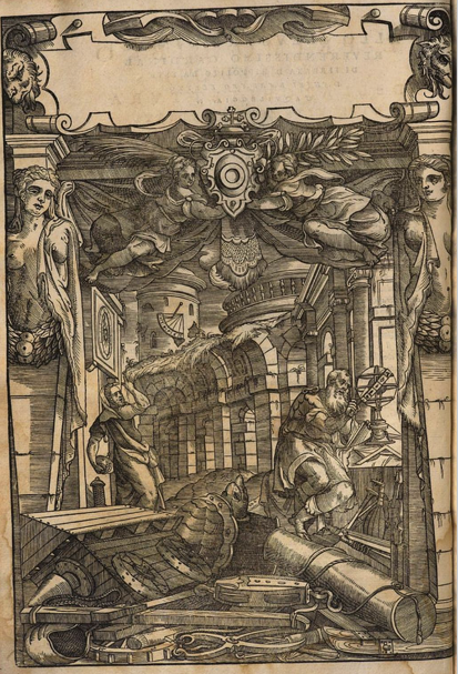 Large architectural frontispiece: scholars study instruments amid arches and towers, armour and tools in the foreground.
