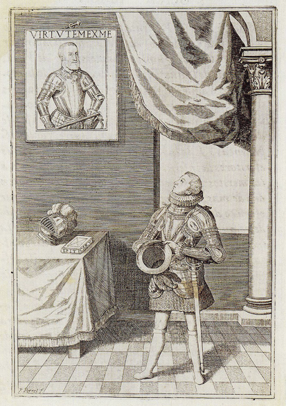 Engraving of an armoured nobleman standing in an interior, holding his plumed helmet and sword while gazing at a framed portrait of another armoured figure.