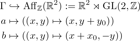 upper Gamma amp semicolon right arrow with hook Aff double struck upper Z left parenthesis double struck upper R 2 right parenthesis colon equals double struck upper R 2 right normal factor semidirect product GL left parenthesis 2 comma double struck upper Z right parenthesis aamp semicolon right arrow from bar left parenthesis left parenthesis x comma y right parenthesis right arrow from bar left parenthesis x comma y plus y 0 right parenthesis right parenthesis bamp semicolon right arrow from bar left parenthesis left parenthesis x comma y right parenthesis right arrow from bar left parenthesis x plus x 0 comma minus y right parenthesis right parenthesis