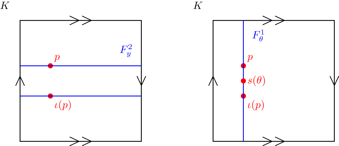 Two diagrams illustrating geometric relations in K with labeled points p, iota(p) and s(theta). See long description.
