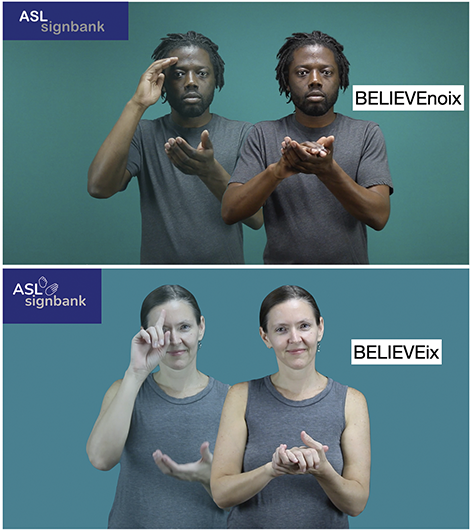Two ASL Signbank images (with logo in top right and teal background) with signers producing A S L signs for BELIEVEnoix (top) and BELIEVEix (bottom). White text boxes with black text show glosses. See long description.