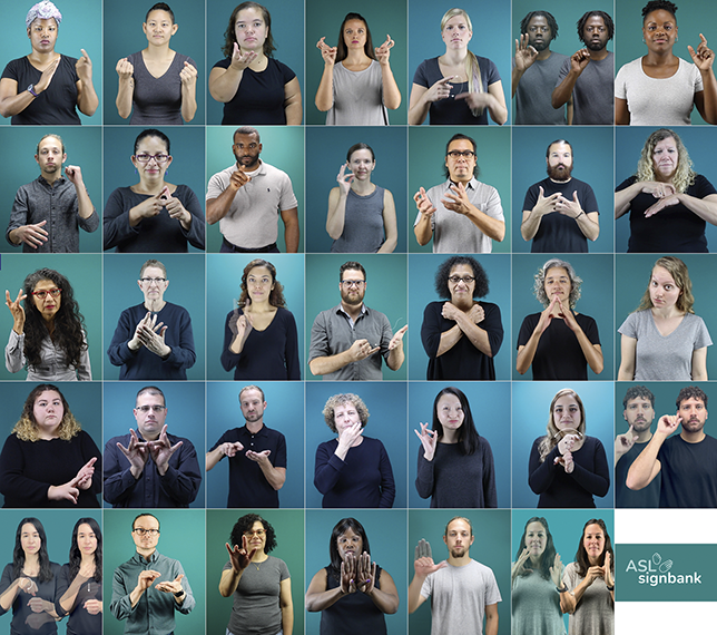 Seven columns and five rows of teal background squares with different people signing in A S L. The bottom left has the logo of A S L Signbank. See long description.