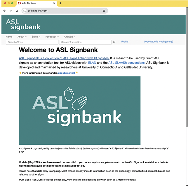 Screenshot of the home page of A S L Signbank with A S L Signbank text on top on teal banner. Welcome text and logo follow. See long description.