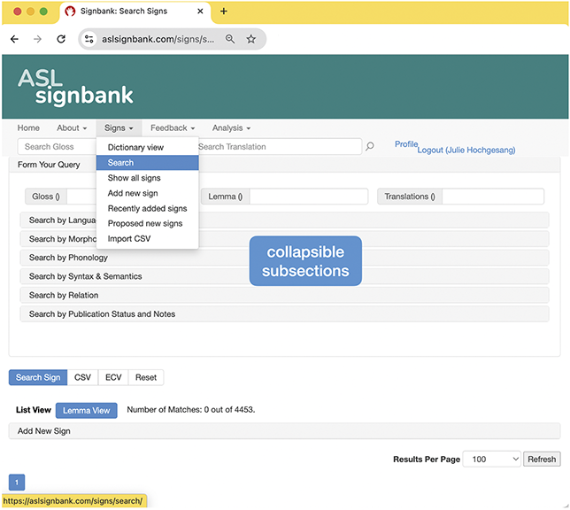 Screenshot of advanced search page with signs menu bar item uncollapsed, showing list of options: dictionary view, search, show all signs, add new sign, etc. Search is highlighted. See long description.