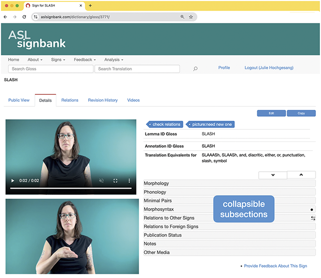Screenshot of SLASH entry, registered view. Video and photo on the left. Text on the right. Collapsible subsections text in a blue box overlaid on the screenshot by subsection headings. See long description.