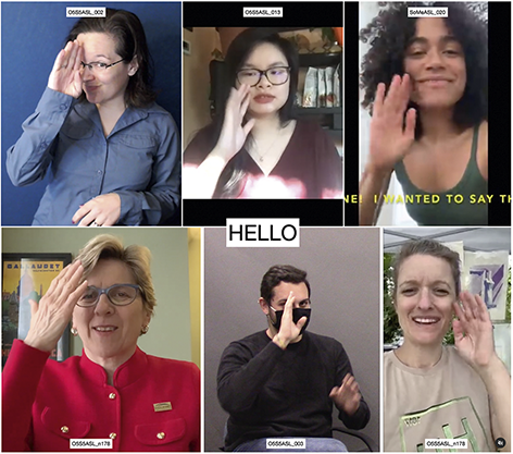 A series of 6 images showing different signers signing hello in ASL with varying locations, handshapes, and facial expression including mouthing. See long description.