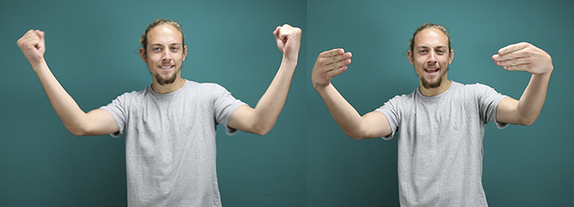 Two images of Conrad, a white man with blond hair pulled back, goatee, and a gray T-shirt, standing in front of a teal background, signing to sign, then a play on the A S L sign for to list, but with the handshape more like a b.