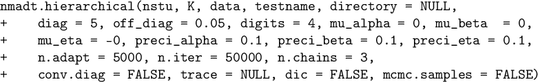 A code snippet showing the nmadt dot hierarchical function call with multiple statistical and computational parameters. See long description.