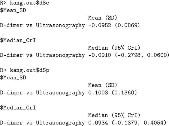 A screenshot of R console output displaying statistical comparisons between D-dimer and Ultrasonography for sensitivity and specificity. See long description.