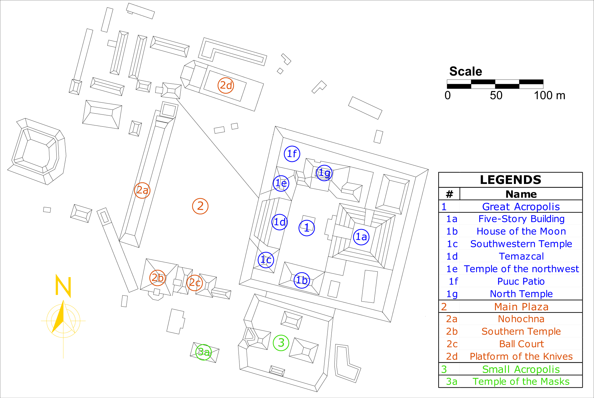 Map of Edzna archaeological site in Campeche, Mexico, showing structures like Great Acropolis, Main Plaza and Small Acropolis. See long description.