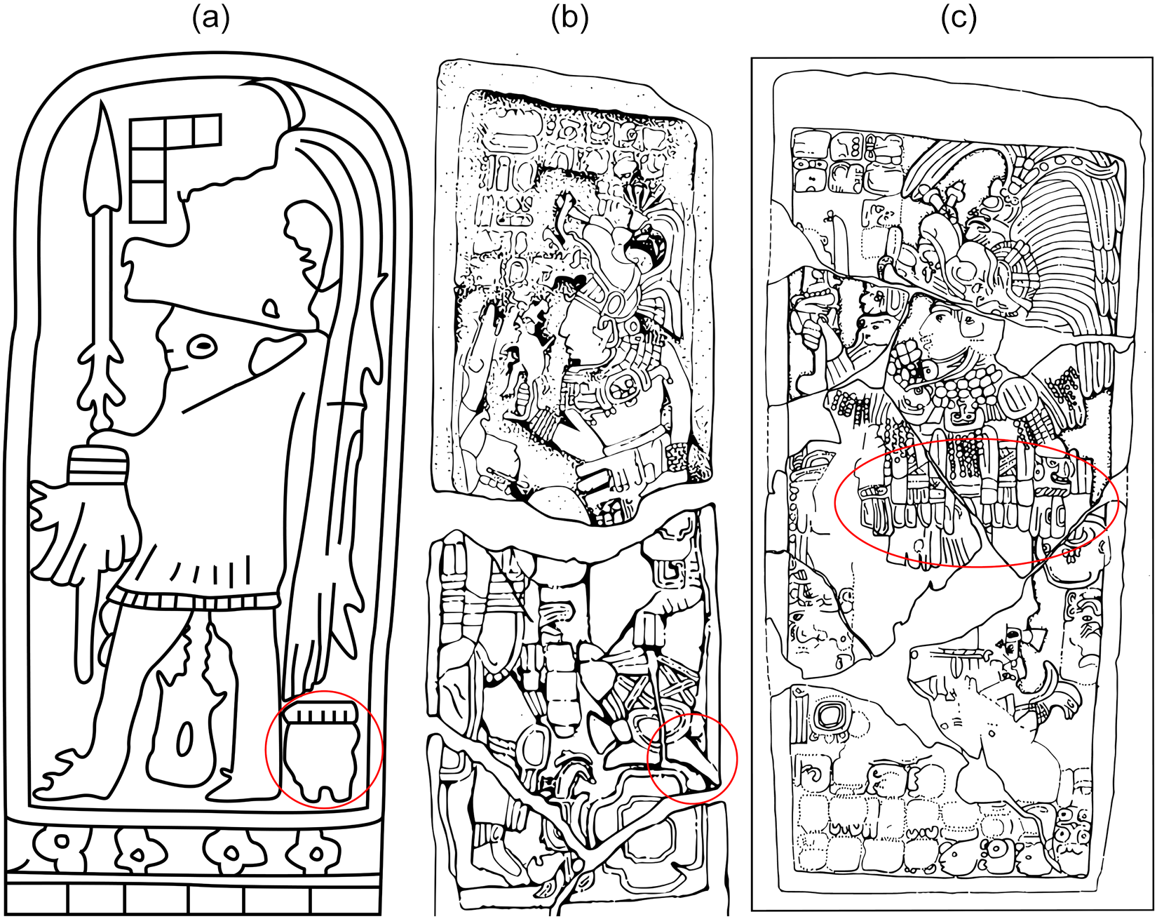 Three stelae illustrations: Stela 13, Stela 2 and Stela 18, each with distinct iconography and circled elements. See long description.