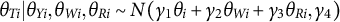 theta Subscript upper T i Baseline vertical bar theta Subscript upper Y i Baseline comma theta Subscript upper W i Baseline comma theta Subscript upper R i Baseline tilde upper N left parenthesis gamma 1 theta Subscript i Baseline plus gamma 2 theta Subscript upper W i Baseline plus gamma 3 theta Subscript upper R i Baseline comma gamma 4 right parenthesis