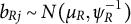 b Subscript upper R j Baseline tilde upper N left parenthesis mu Subscript upper R Baseline comma psi Subscript upper R Superscript negative 1 Baseline right parenthesis