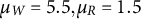 mu Subscript upper W Baseline equals 5.5 comma mu Subscript upper R Baseline equals 1.5