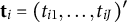 bold t Subscript i Baseline equals left parenthesis t Subscript i Baseline 1 Baseline comma ellipsis comma t Subscript i upper J Baseline right parenthesis prime
