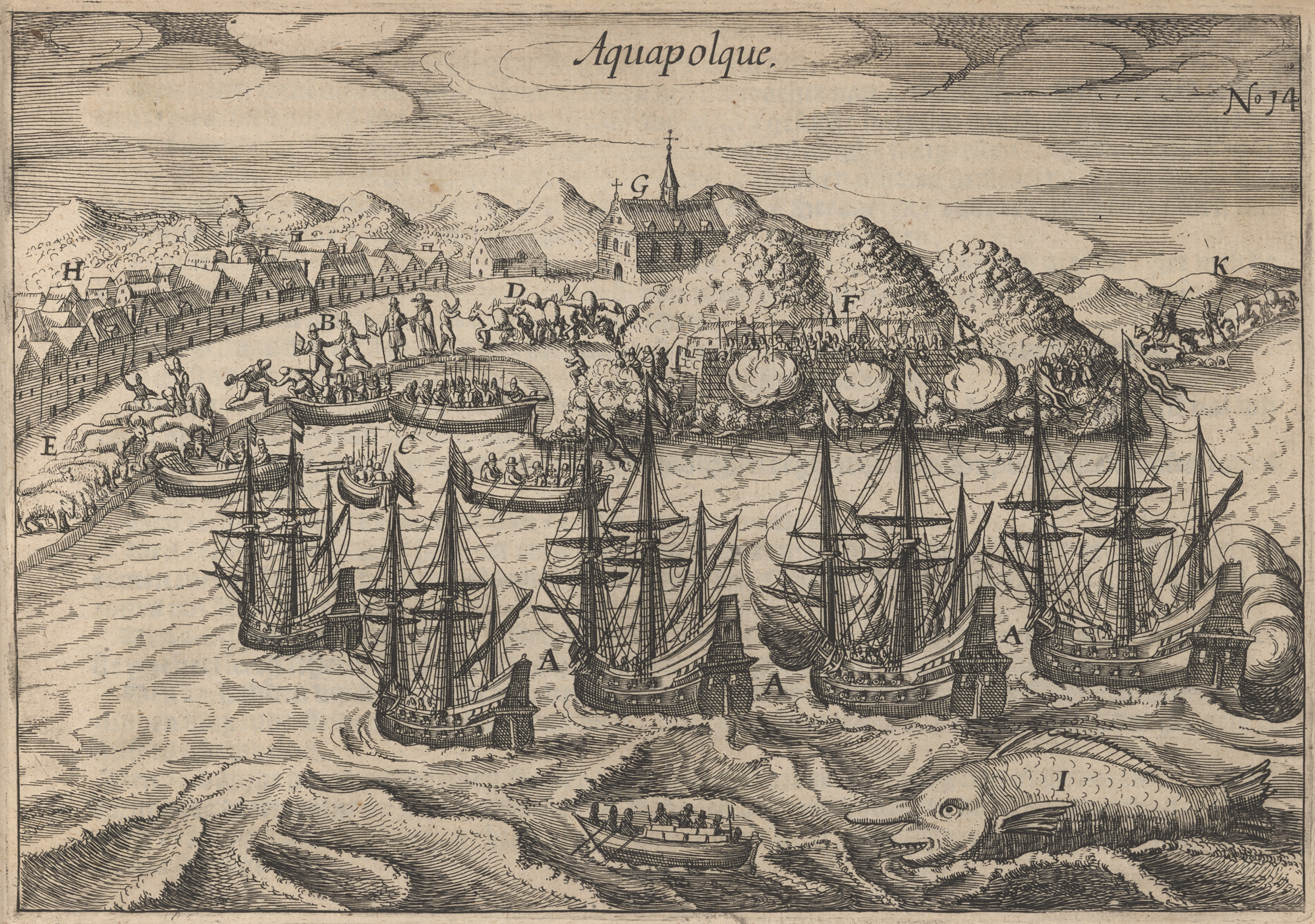 A historical illustration of a coastal town with ships and trading activity.
