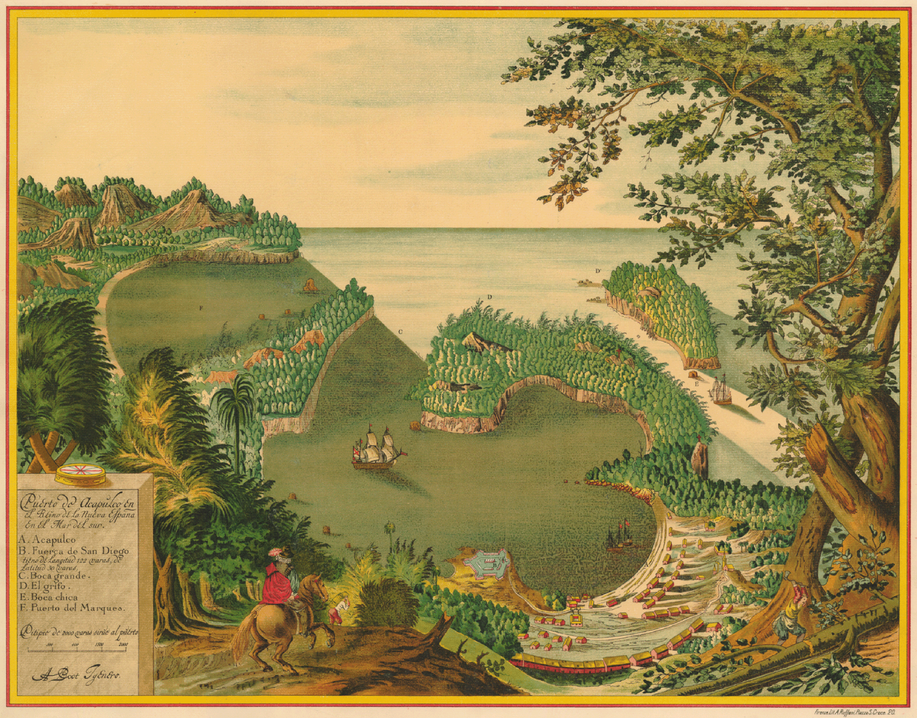 An illustration of the Fort of San Diego in Acapulco, Mexico, with a man on horseback overlooking the port and the Pacific Ocean.