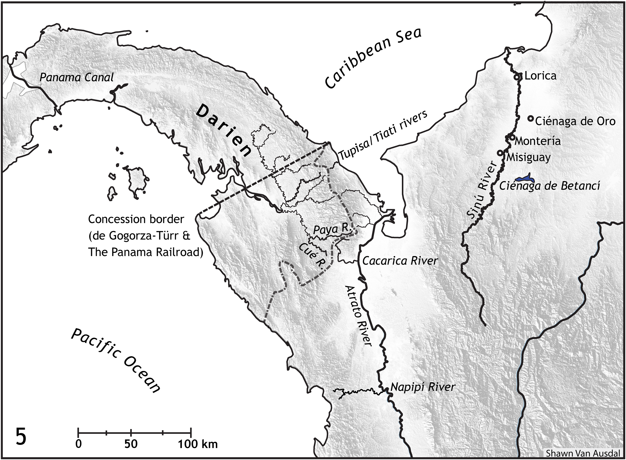 A map of the Darien and Sinu Valley regions in Colombia, showing rivers, cities, and borders.
