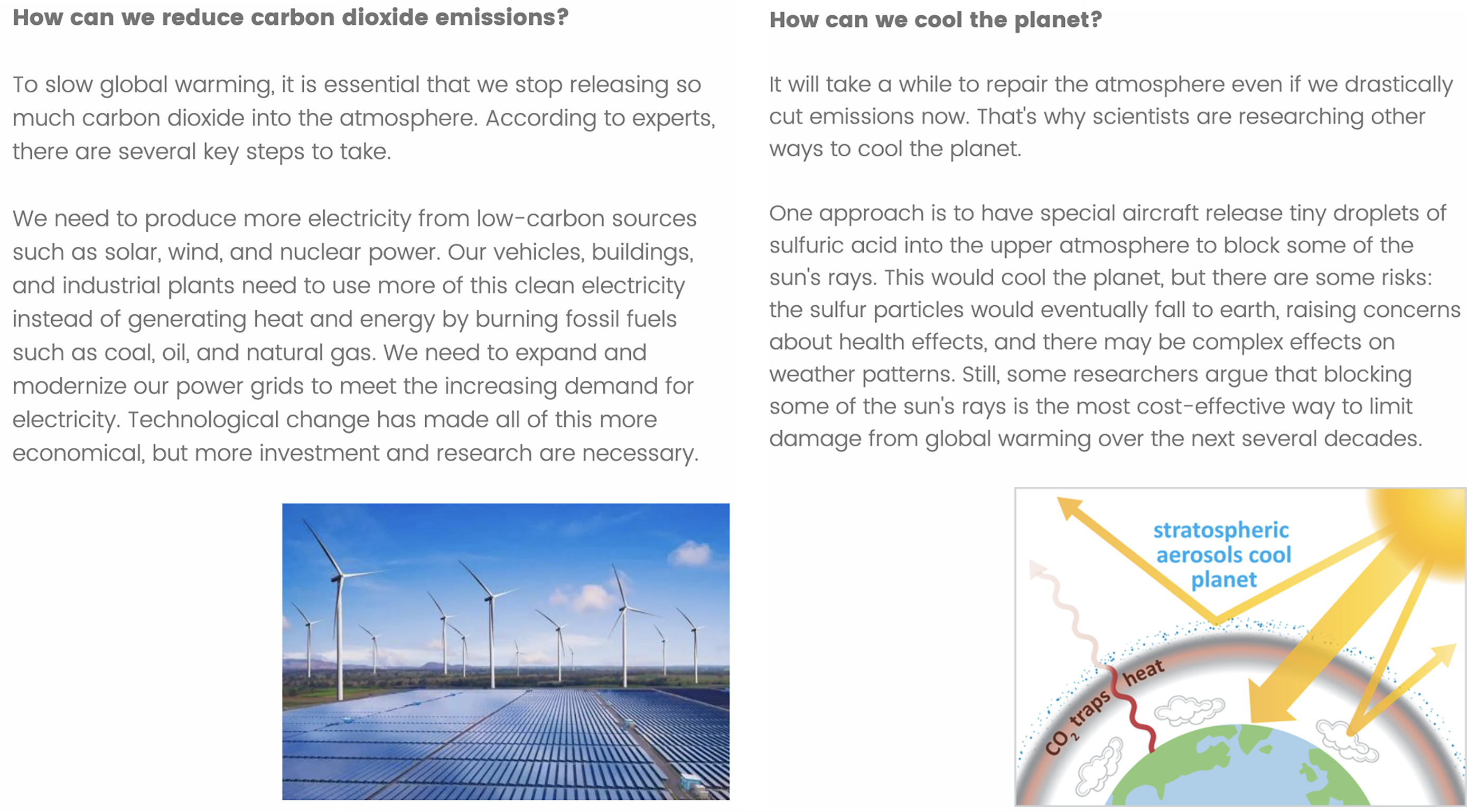 Two images side by side: one photo of wind turbines and solar panels, and one diagram showing stratospheric aerosols cooling the planet.