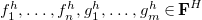f 1 Superscript h Baseline comma ellipsis comma f Subscript n Superscript h Baseline comma g 1 Superscript h Baseline comma ellipsis comma g Subscript m Superscript h Baseline element of bold upper F Superscript upper H