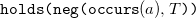 monospace holds left parenthesis neg left parenthesis occurs left parenthesis a right parenthesis comma upper T monospace right parenthesis right parenthesis