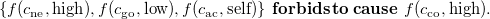 StartSet f left parenthesis c Subscript ne Baseline comma high right parenthesis comma f left parenthesis c Subscript go Baseline comma low right parenthesis comma f left parenthesis c Subscript ac Baseline comma self right parenthesis EndSet bold f bold o bold r bold b bold i bold d bold s bold t bold o bold c bold a bold u bold s bold e f left parenthesis c Subscript co Baseline comma high right parenthesis period