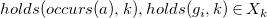 h o l d s left parenthesis o c c u r s left parenthesis a right parenthesis comma k right parenthesis comma h o l d s left parenthesis g Subscript i Baseline comma k right parenthesis element of upper X Subscript k Baseline