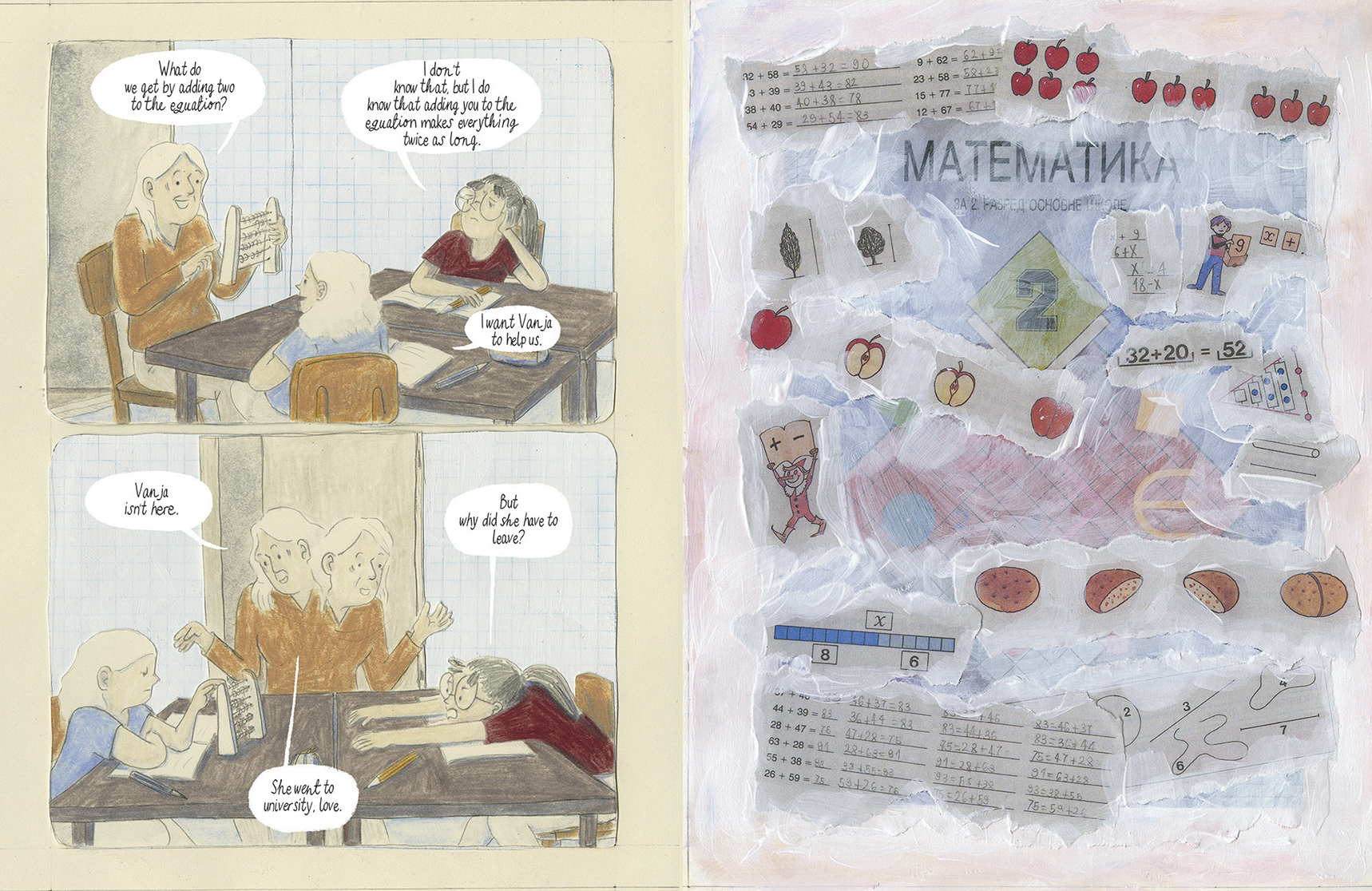 A two-page spread from a graphic novel featuring a comic strip on the left and a mixed-media collage of math textbook fragments on the right. See long description.