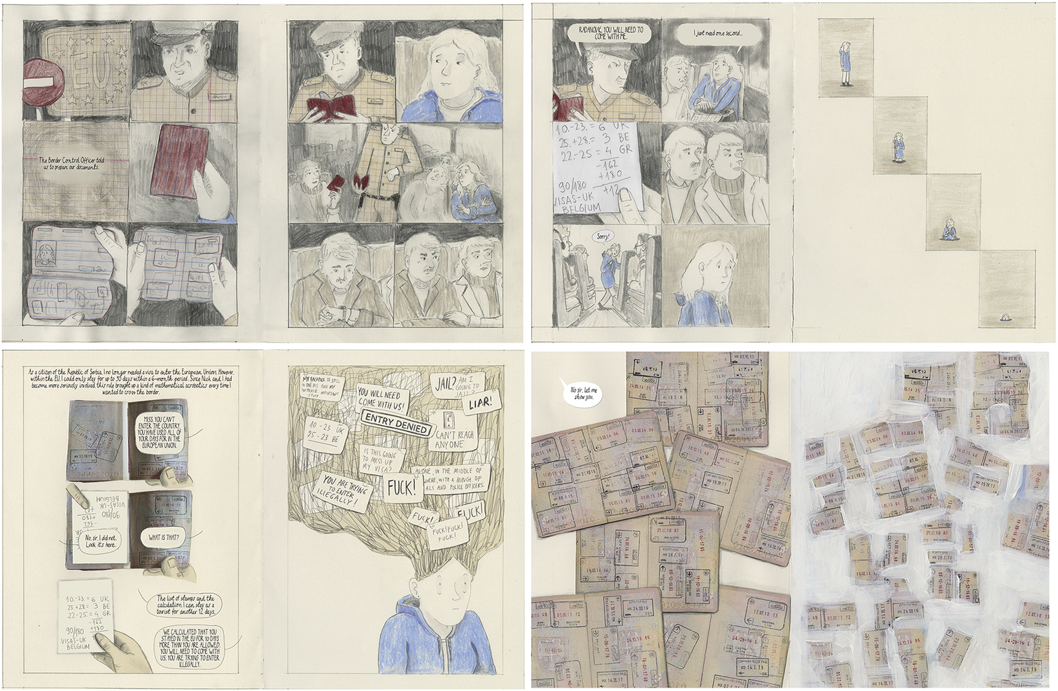 A multi-panel graphic novel sequence depicting a stressful border control encounter involving passport inspections and complex visa calculations for entry into the E U. See long description.