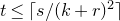 t less than or equals left ceiling s divided by left parenthesis k plus r right parenthesis squared right ceiling
