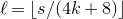 script l equals left floor s divided by left parenthesis 4 k plus 8 right parenthesis right floor