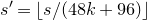 s prime equals left floor s divided by left parenthesis 48 k plus 96 right parenthesis right floor
