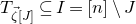 upper T Subscript ModifyingAbove zeta With right arrow left bracket upper J right bracket Baseline subset of or equal to upper I equals left bracket n right bracket minus upper J