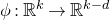 phi colon double struck upper R Superscript k Baseline right arrow double struck upper R Superscript k minus d