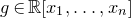 g element of double struck upper R left bracket x 1 comma ellipsis comma x Subscript n Baseline right bracket