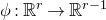 phi colon double struck upper R Superscript r Baseline right arrow double struck upper R Superscript r minus 1