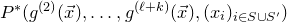 upper P Superscript asterisk Baseline left parenthesis g Superscript left parenthesis 2 right parenthesis Baseline left parenthesis ModifyingAbove x With right arrow right parenthesis comma ellipsis comma g Superscript left parenthesis script l plus k right parenthesis Baseline left parenthesis ModifyingAbove x With right arrow right parenthesis comma left parenthesis x Subscript i Baseline right parenthesis Subscript i element of upper S union upper S Sub Superscript prime Subscript Baseline right parenthesis