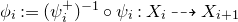 phi Subscript i Baseline colon equals left parenthesis psi Subscript i Superscript plus Baseline right parenthesis Superscript negative 1 Baseline ring psi Subscript i Baseline colon upper X Subscript i Baseline right dashed arrow upper X Subscript i plus 1 Baseline