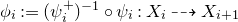 phi Subscript i Baseline colon equals left parenthesis psi Subscript i Superscript plus Baseline right parenthesis Superscript negative 1 Baseline ring psi Subscript i Baseline colon upper X Subscript i Baseline right dashed arrow upper X Subscript i plus 1 Baseline