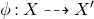 phi colon upper X right dashed arrow upper X prime