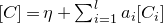 left bracket upper C right bracket equals eta plus sigma summation Underscript i equals 1 Overscript l Endscripts a Subscript i Baseline left bracket upper C Subscript i Baseline right bracket