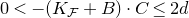 0 less than minus left parenthesis upper K Subscript script upper F Baseline plus upper B right parenthesis dot upper C less than or equals 2 d