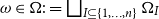 omega element of normal upper Omega colon equals square union Underscript upper I subset of or equal to StartSet 1 comma ellipsis comma n EndSet Endscripts normal upper Omega Subscript upper I