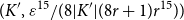 left parenthesis upper K prime comma epsilon Superscript 15 Baseline divided by left parenthesis 8 StartAbsoluteValue upper K Superscript prime Baseline EndAbsoluteValue left parenthesis 8 r plus 1 right parenthesis r Superscript 15 Baseline right parenthesis right parenthesis
