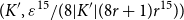 left parenthesis upper K prime comma epsilon Superscript 15 Baseline divided by left parenthesis 8 StartAbsoluteValue upper K Superscript prime Baseline EndAbsoluteValue left parenthesis 8 r plus 1 right parenthesis r Superscript 15 Baseline right parenthesis right parenthesis