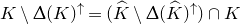 upper K minus normal upper Delta left parenthesis upper K right parenthesis Superscript up arrow Baseline equals left parenthesis ModifyingAbove upper K With caret minus normal upper Delta left parenthesis ModifyingAbove upper K With caret right parenthesis Superscript up arrow Baseline right parenthesis intersection upper K