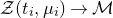 script upper Z left parenthesis t Subscript i Baseline comma mu Subscript i Baseline right parenthesis right arrow script upper M