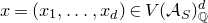 x equals left parenthesis x 1 comma ellipsis comma x Subscript d Baseline right parenthesis element of upper V left parenthesis script upper A Subscript upper S Baseline right parenthesis Subscript double struck upper Q Superscript d